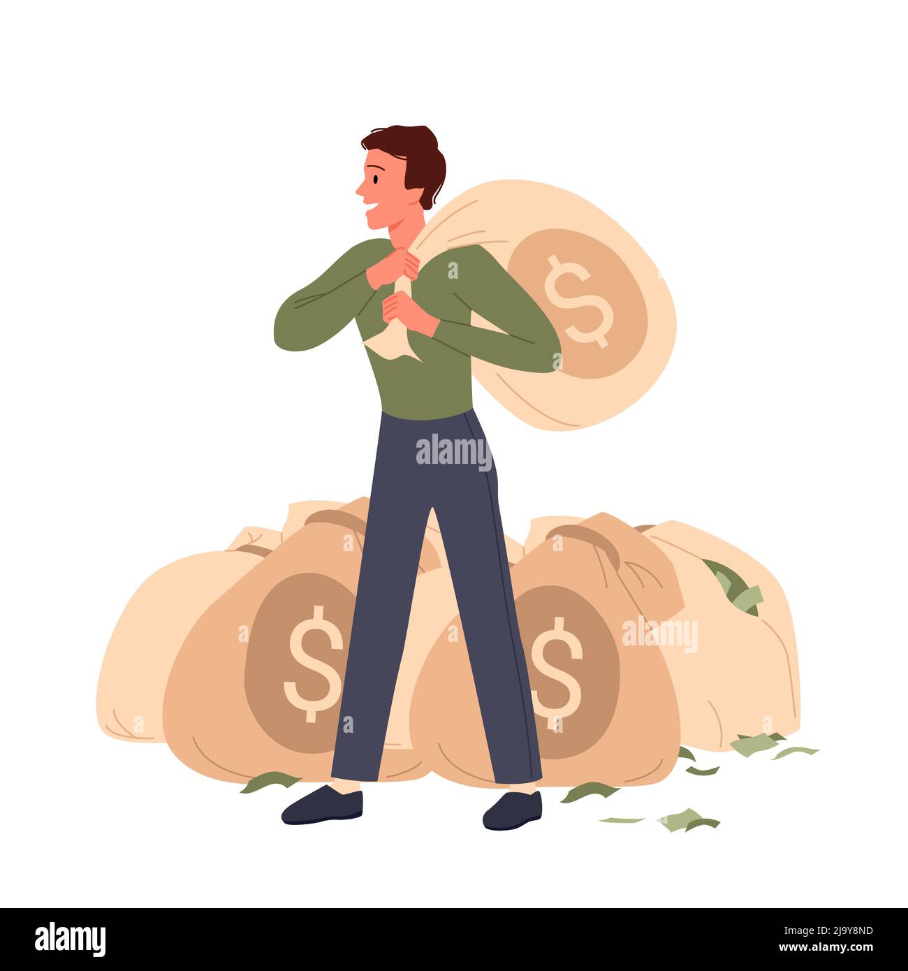 Happy rich man holding bag full of cash money in hand, millionaire