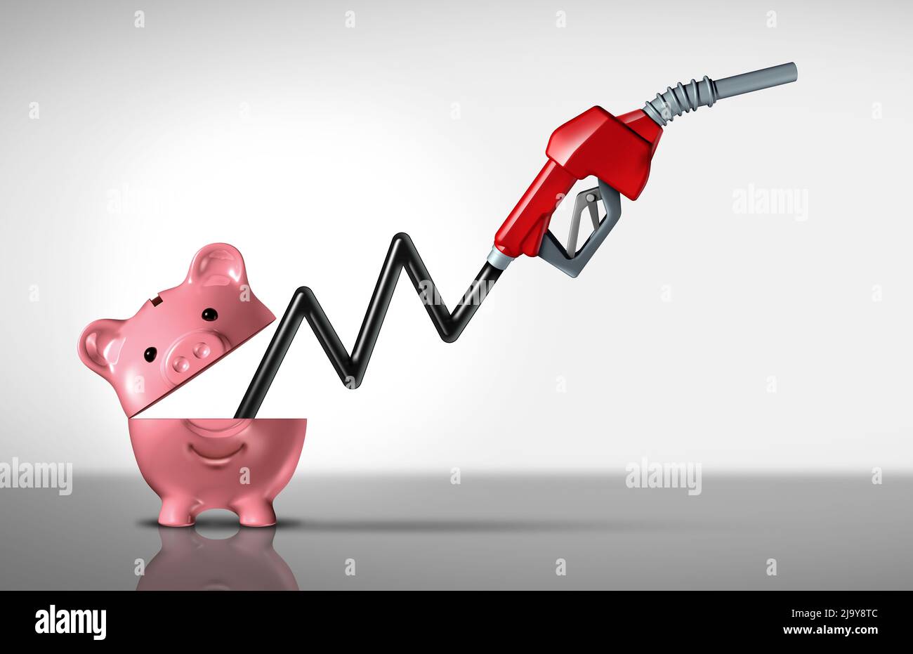 Gas price climb with a fuel pump as an economic challenge or rising car fueling prices and oil increase concept with an open piggy bank. Stock Photo