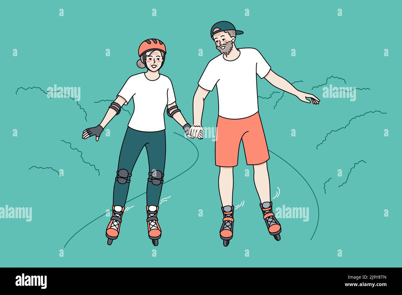 Happy mature couple have fun on roller blades on weekend in park. Overjoyed active energetic elderly man and woman ride rollers enjoy happy maturity together. Vector illustration.  Stock Vector