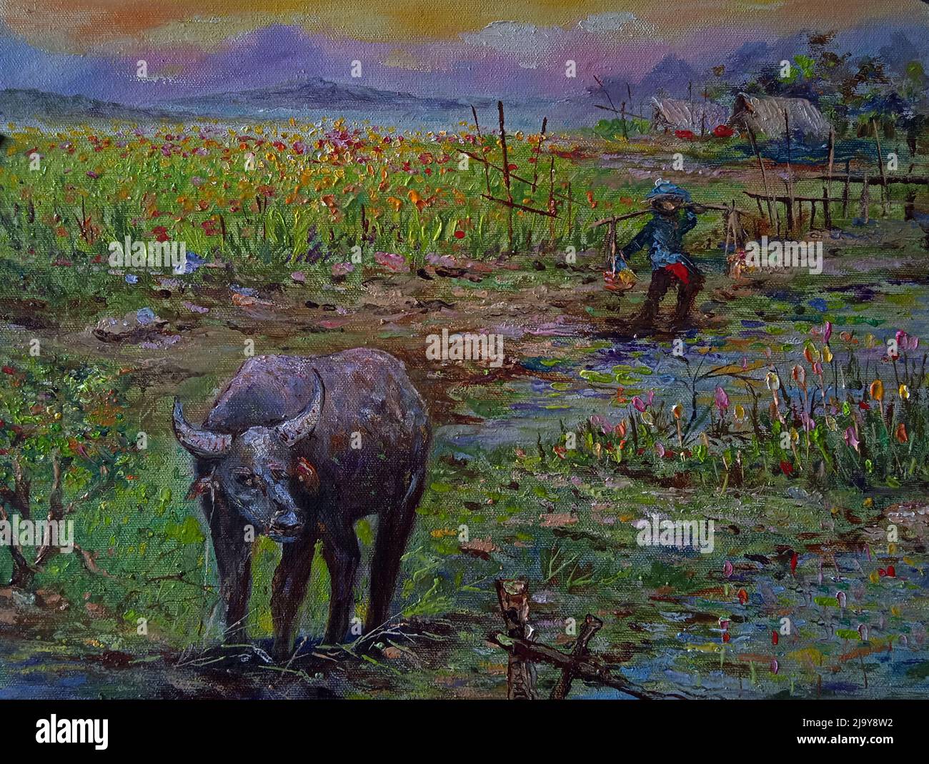 Art painting Oil color Hut northeast Thailand Countryside , buffalo , agriculturist , rural life Stock Photo
