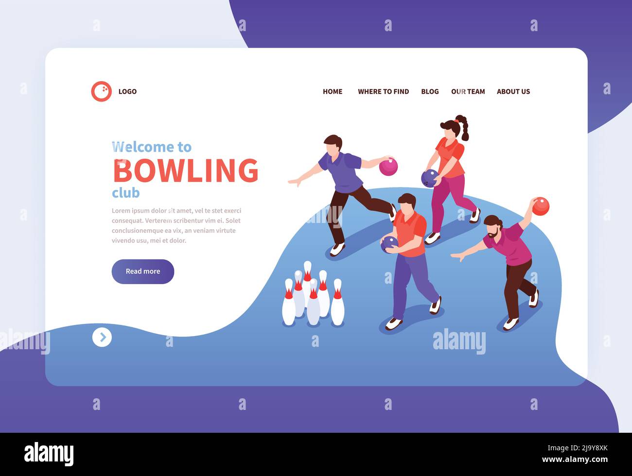 Bowling club isometric landing page welcoming new members with competing bowlers knocking down pins banner vector illustration Stock Vector