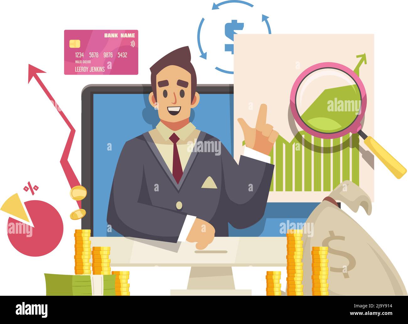 Video blogger composition with desktop computer and human character surrounded by financial icons and signs vector illustration Stock Vector