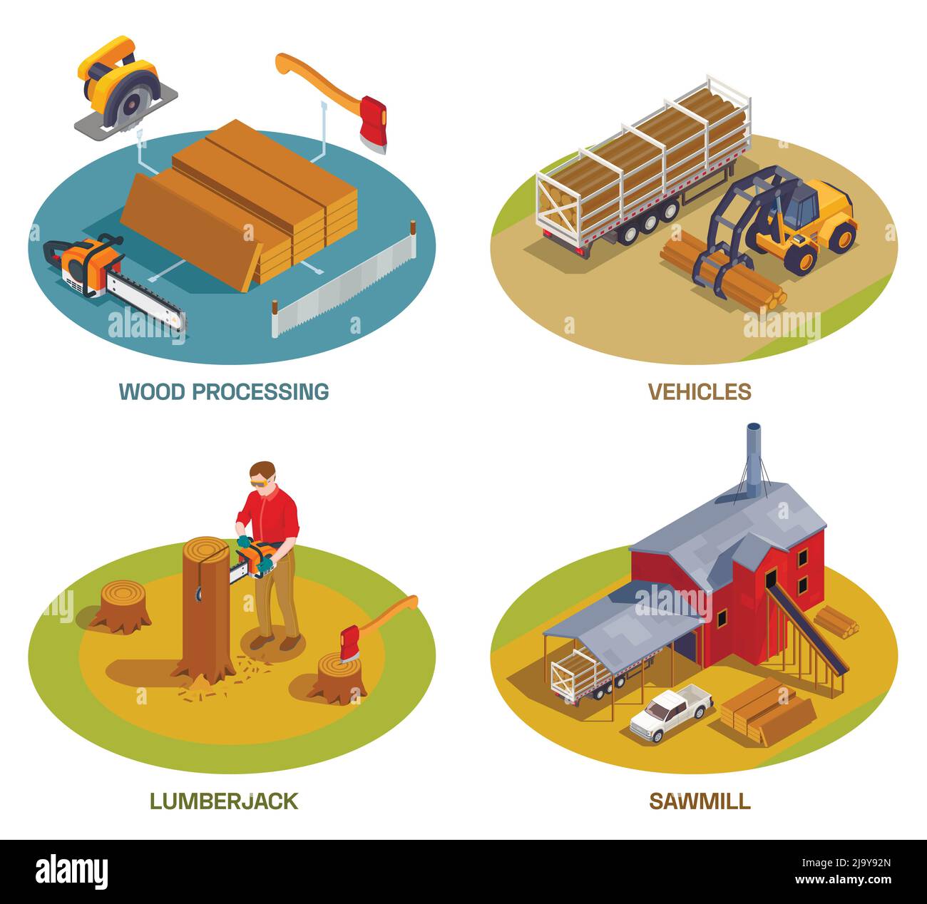 Sawmill timber mill lumberjack set of four isolated compositions with text and landmarks with vehicles tools vector illustration Stock Vector