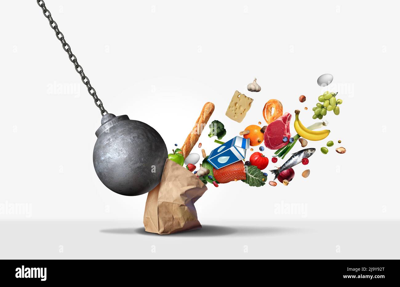 Food price inflation and rising grocery costs or prices surging for supermarket groceries as a financial crisis concept hit by a a wrecking ball. Stock Photo