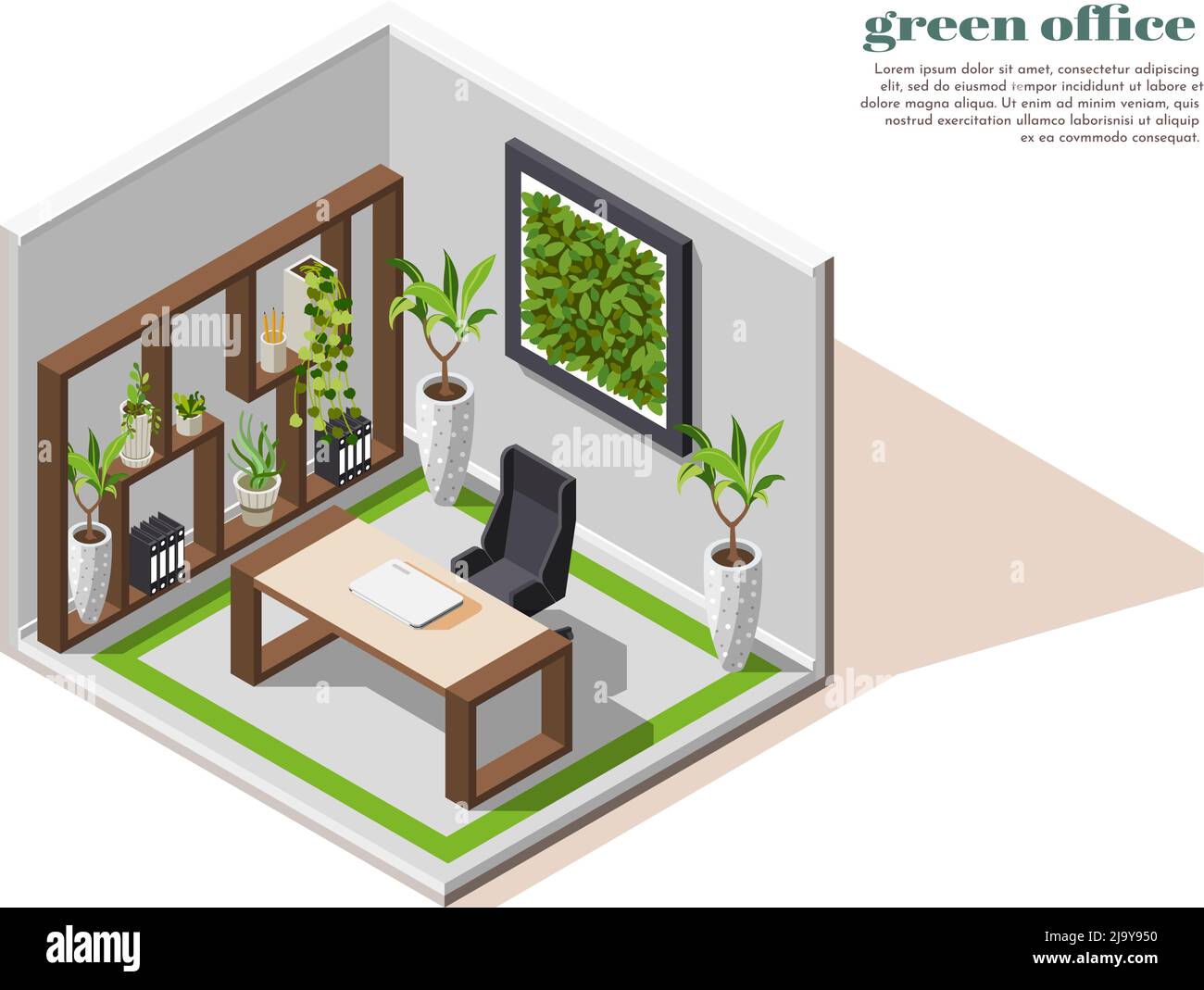 Green office isometric colored composition isolated room with green ...