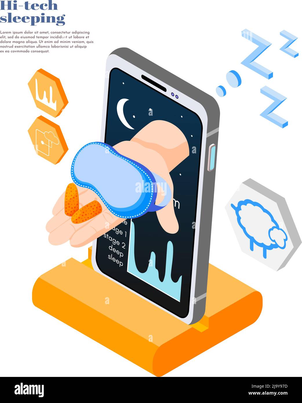 Hi-tech sleeping isometric and colored background and abstract concept with smart app vector illustration Stock Vector