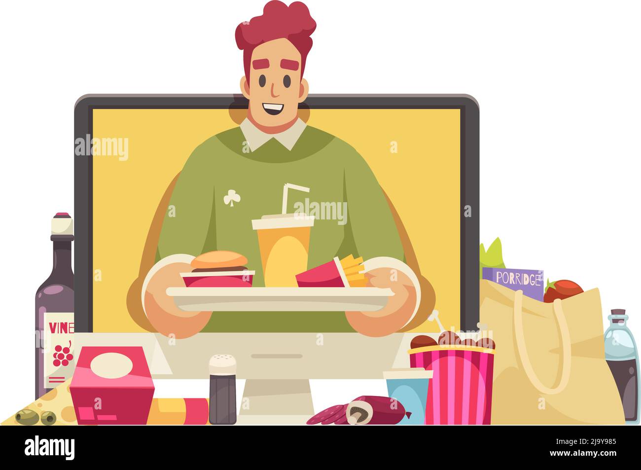 Video blogger composition with desktop computer and character of fast food male blogger with meal vector illustration Stock Vector