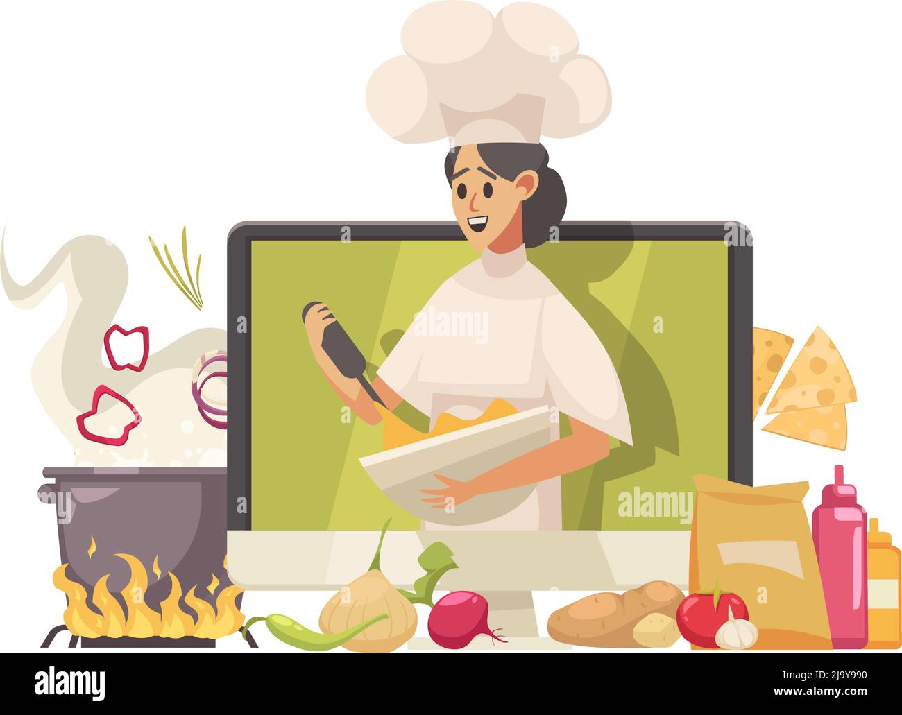 Video blogger composition with desktop computer and character of cooking female blogger with food and kitchenware vector illustration Stock Vector