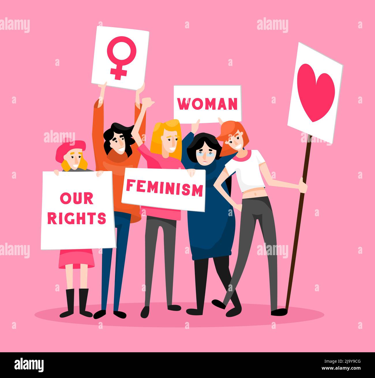 Protesting women feminism composition with solid pink background and doodle characters of female activists with placards vector illustration Stock Vector
