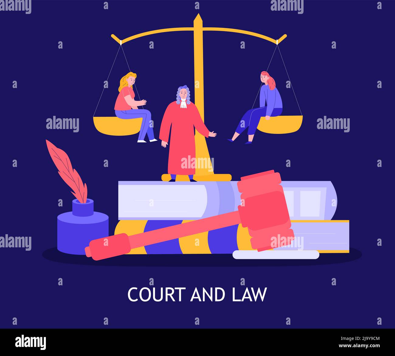Court law colorful composition with judge gavel plaintiff and defendant sitting on balance blue background vector illustration Stock Vector