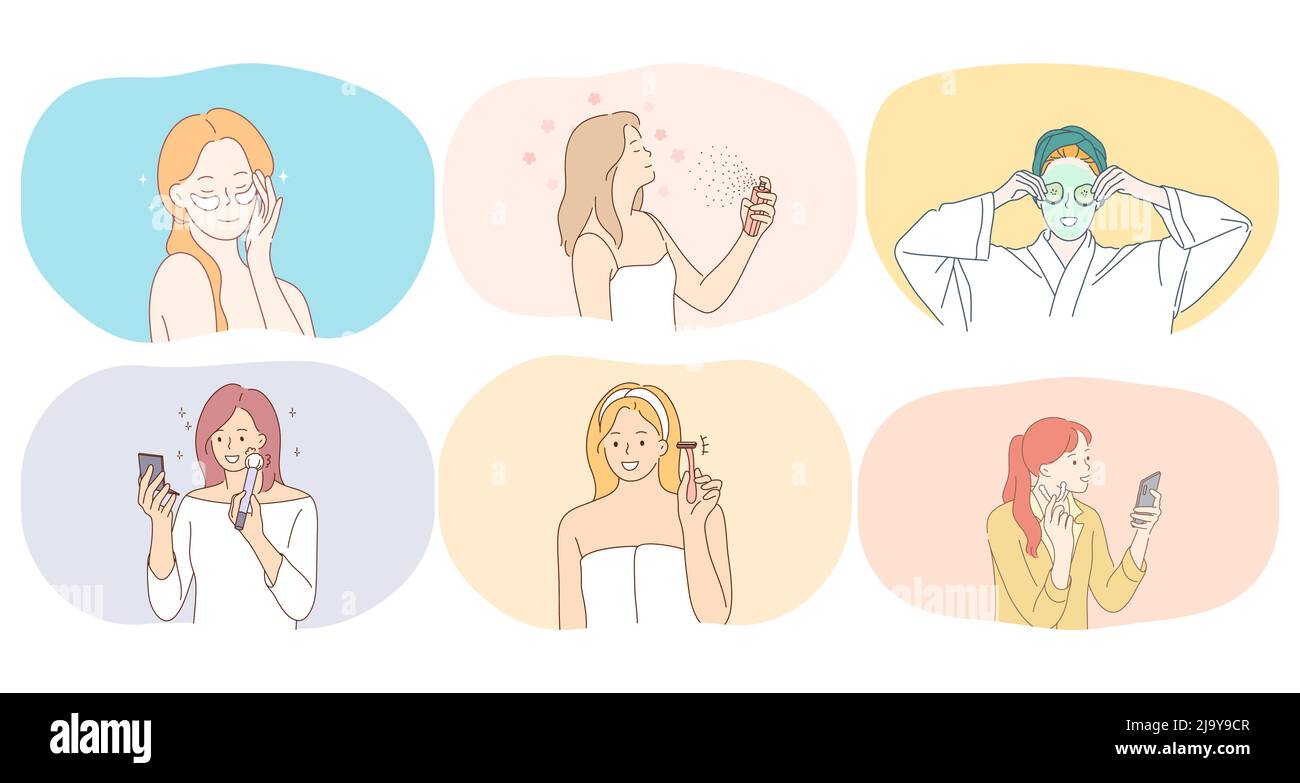 Cosmetics, make up, beauty concept. Young smiling women cartoon