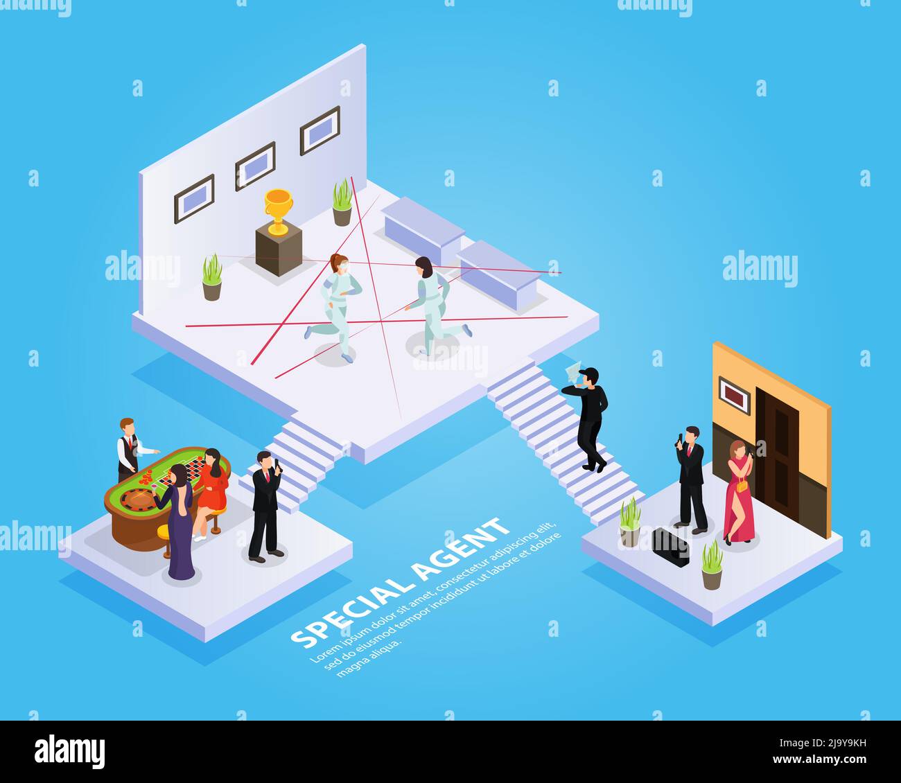 Special agent spy isometric composition with platforms stairs spy thriller elements and people with editable text vector illustration Stock Vector