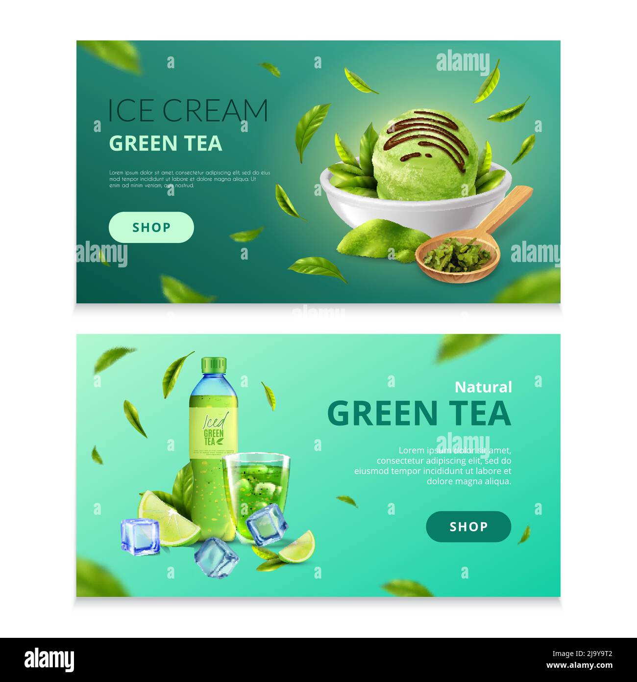 Green tea banners  with bottle of  iced  beverage and saucer of ice cream isolated vector illustration Stock Vector