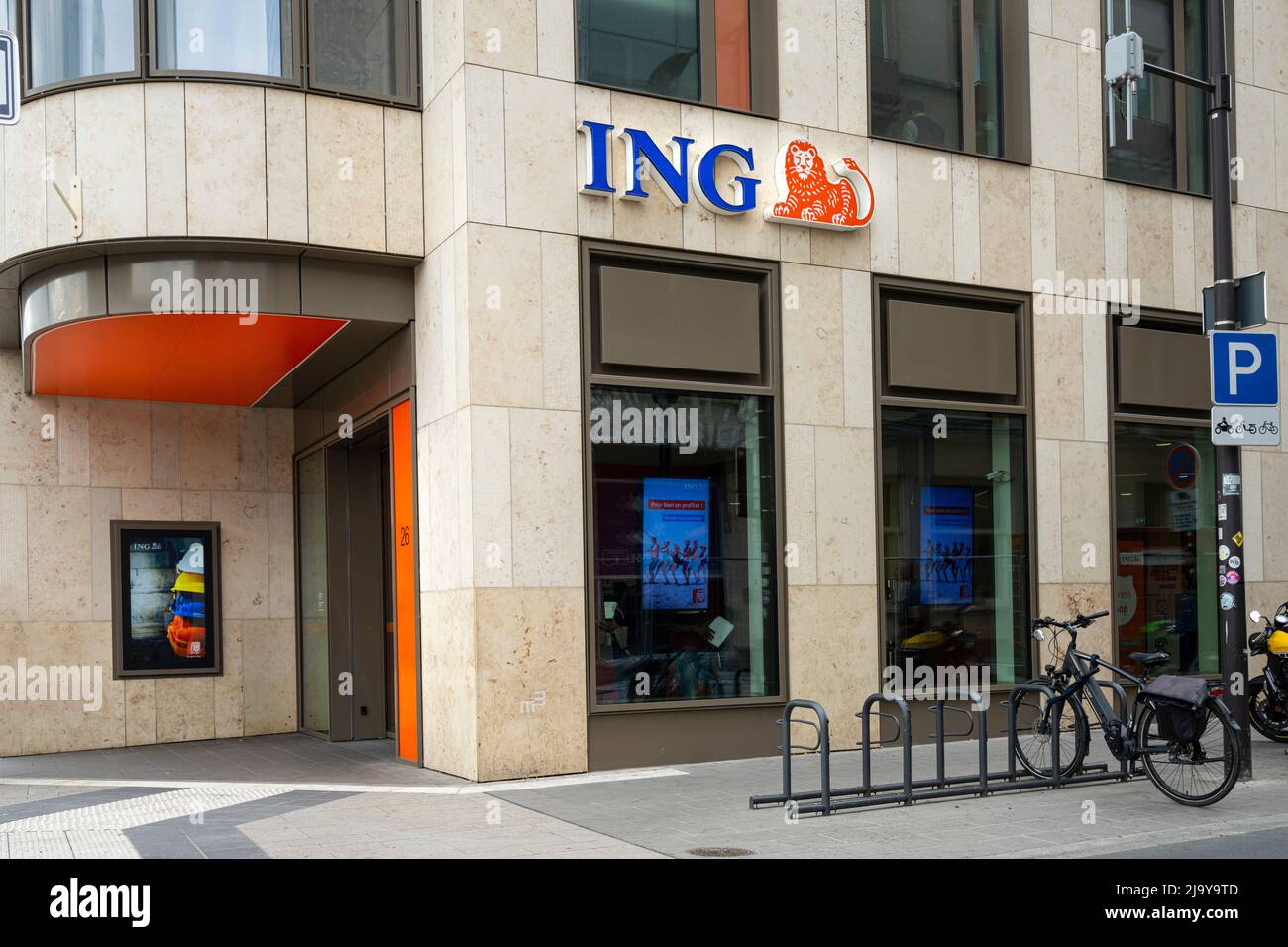 Luxembourg city, May 2022.  The sign of an ING bank branch on a street in the city center Stock Photo