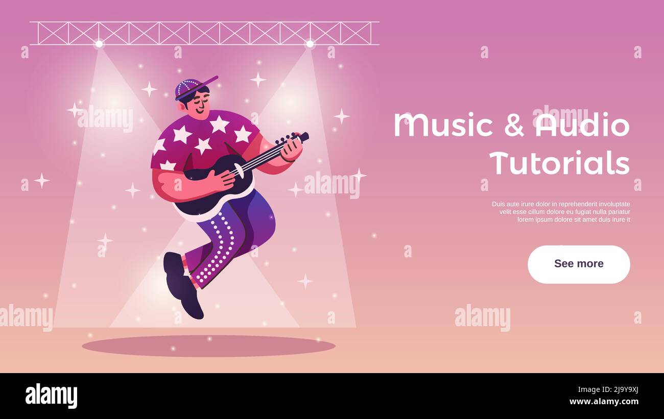 Hobbies free time activities online tutorials horizontal web banner with guitar player under stage lights vector illustration Stock Vector