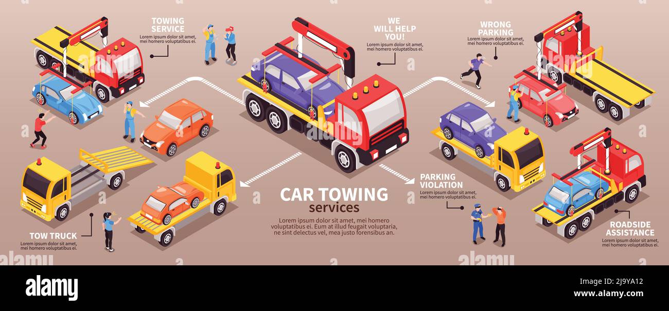 Isometric tow truck horizontal infographics with images of lorry car ...