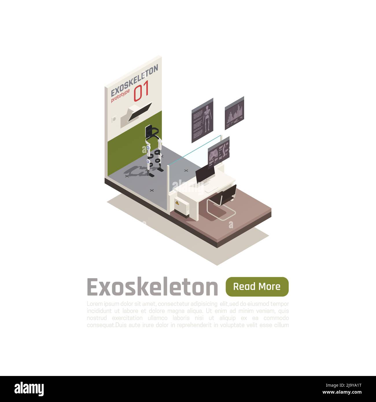 Medical exoskeleton isometric composition with test prototype representing in science laboratory vector illustration Stock Vector