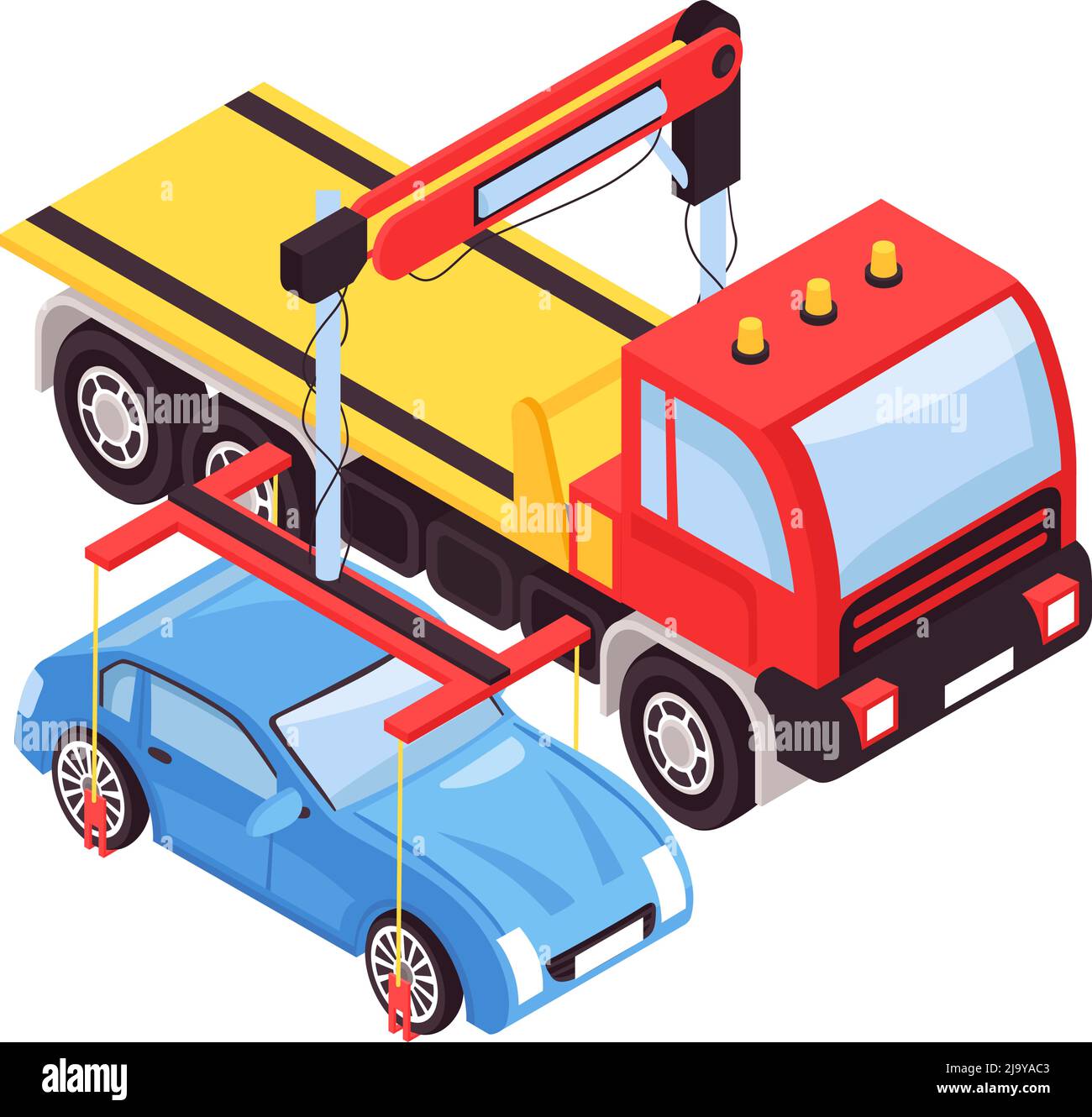 Isometric tow truck car vehicle transportation help road composition with isolated image vector illustration Stock Vector
