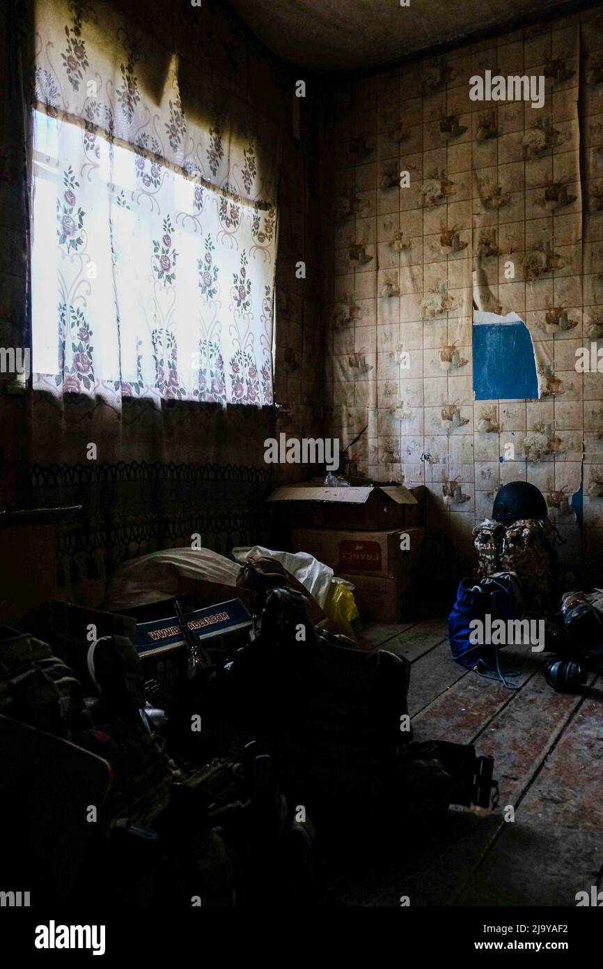 Soledar, Ukraine. 23rd May, 2022. A room of the headquarter where the soldiers sleep at night. Soledar is a town of the Donetsk region it is being hammered by Russian artillery as it sits along the crucial road that leads out of besieged Severodonetsk. Credit: SOPA Images Limited/Alamy Live News Stock Photo