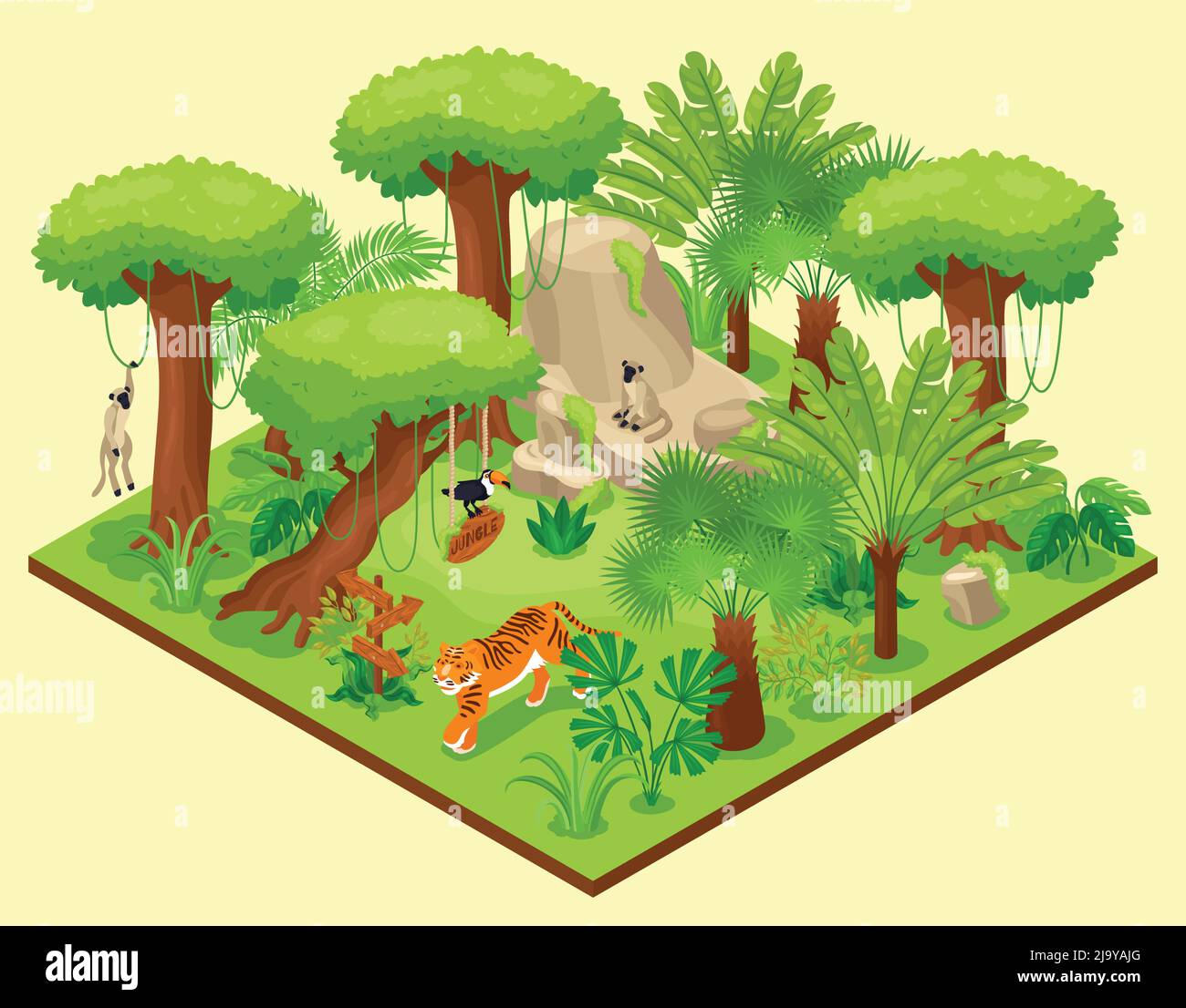 Isometric jungle composition with square platform with wild nature landscape tropical trees plants and exotic animals vector illustration Stock Vector