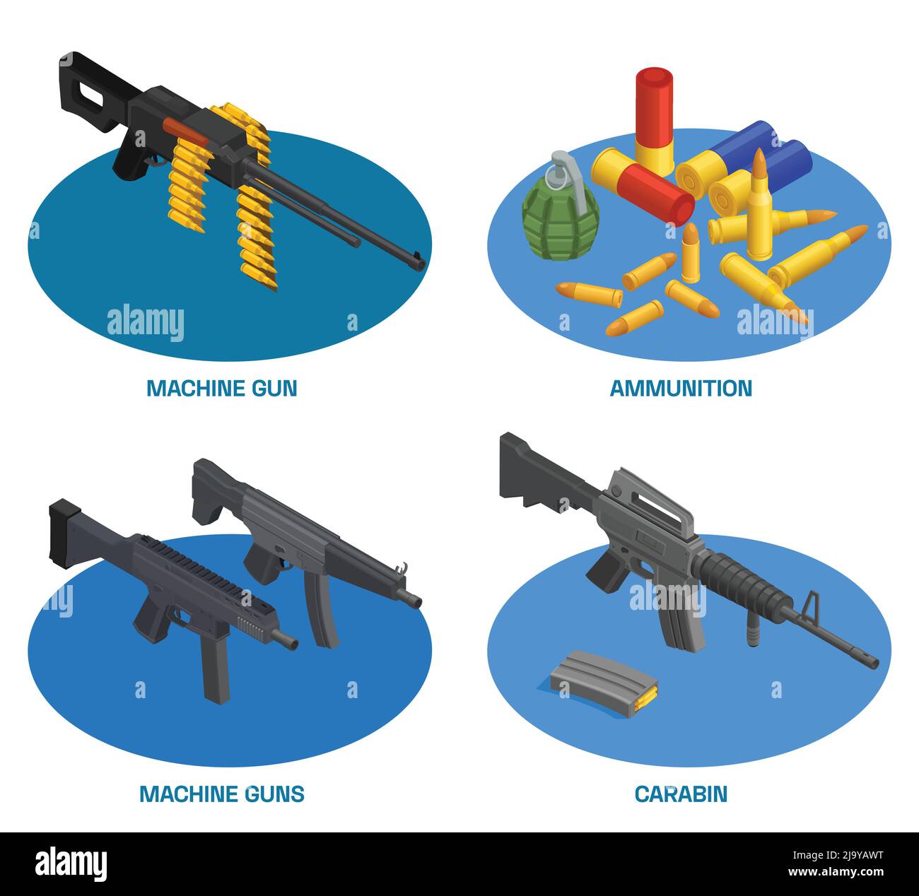 Army weapons soldier isometric set of compositions with text and machine guns carabins with ammunition items vector illustration Stock Vector