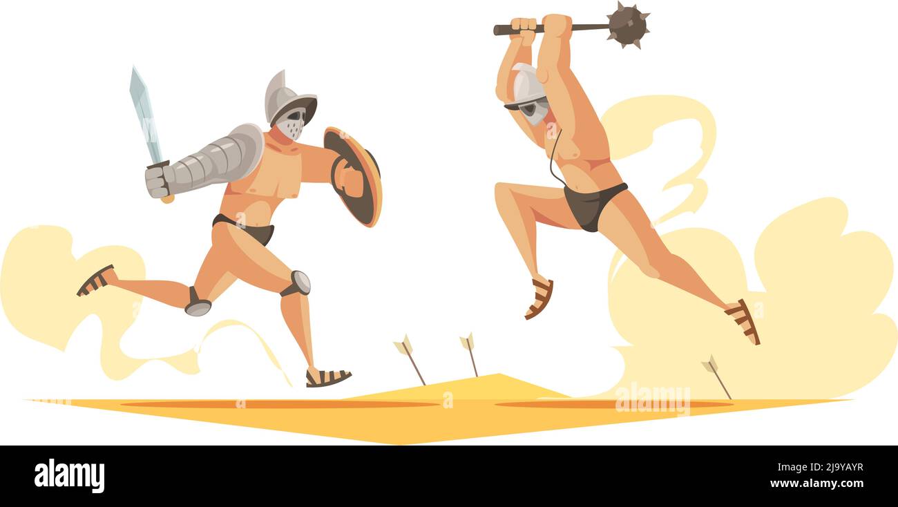 Cartoon composition with fight of two roman gladiators on arena vector illustration Stock Vector