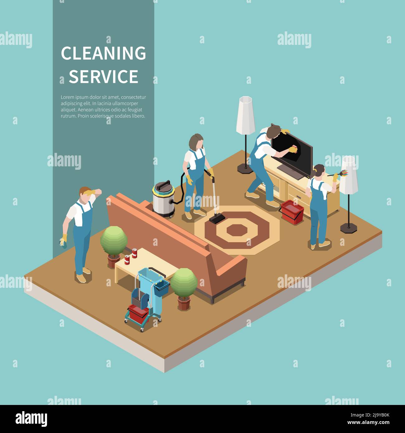 Professional home cleaning service team at work vacuuming carpet