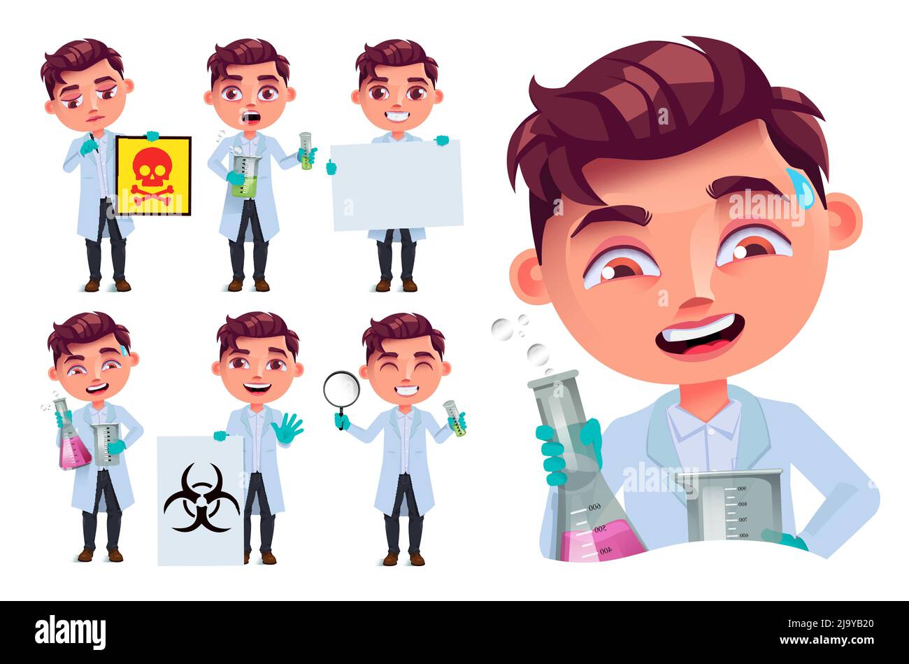 Student boy vector character set. Boy scientist school characters with test tube, hazard sign and lab coat activity elements for educational kids. Stock Vector