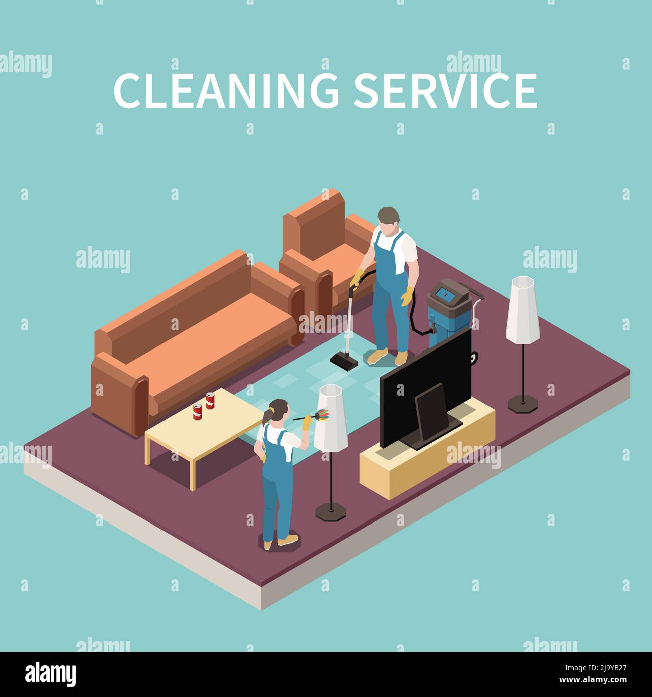 Professional home cleaning service team at work vacuuming carpet