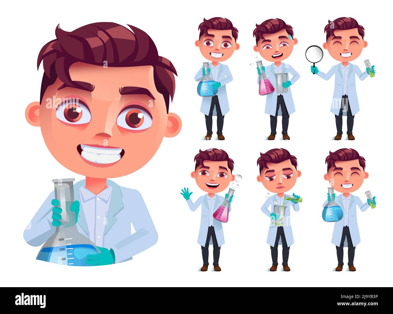 Student scientist vector character set. Boy characters in lab coat