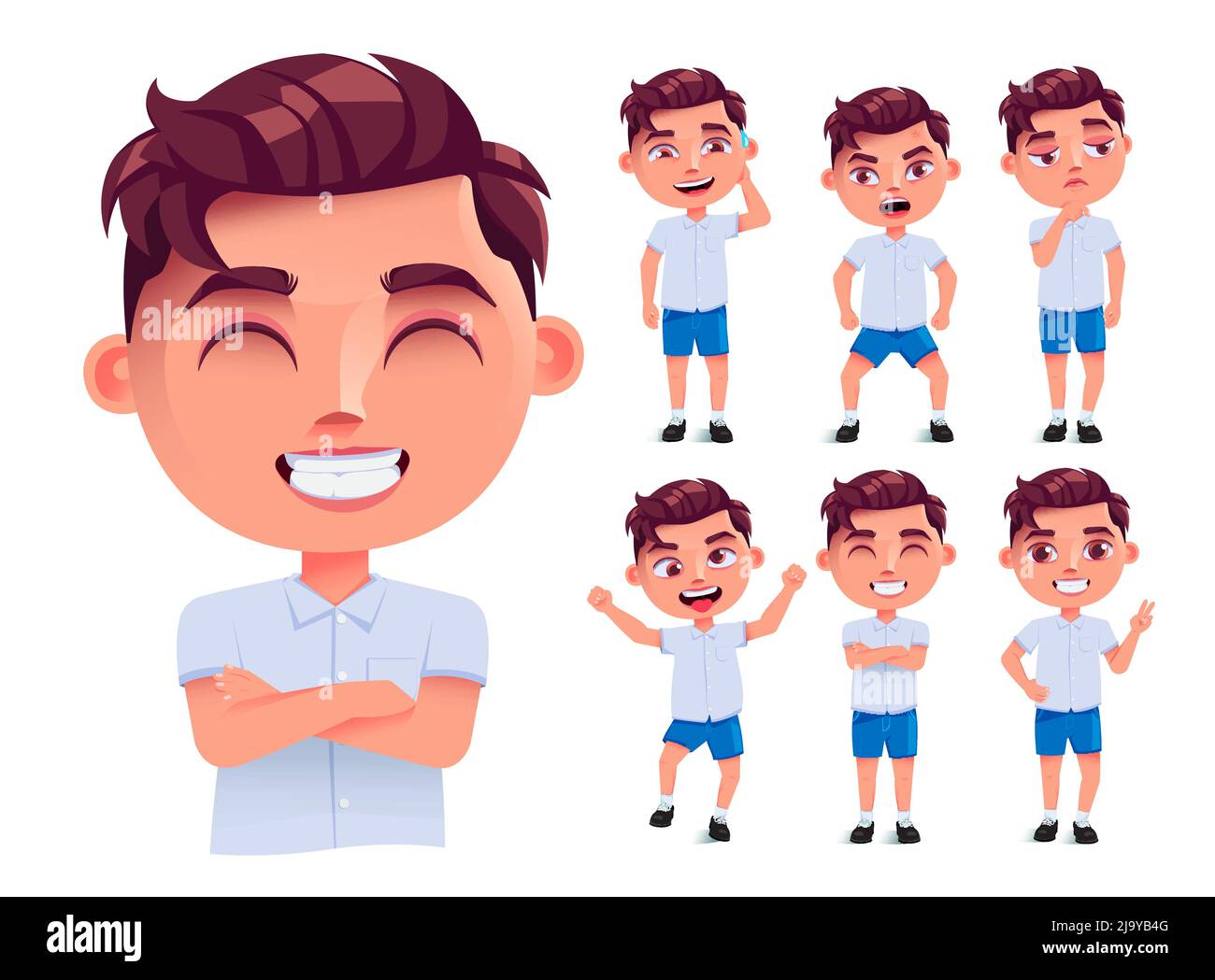 Student boy vector character set. Male school characters in friendly