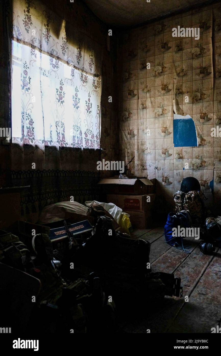 Soledar, Ukraine. 23rd May, 2022. A room of the headquarter where the soldiers sleep at night. Soledar is a town of the Donetsk region it is being hammered by Russian artillery as it sits along the crucial road that leads out of besieged Severodonetsk. (Credit Image: © Rick Mave/SOPA Images via ZUMA Press Wire) Stock Photo