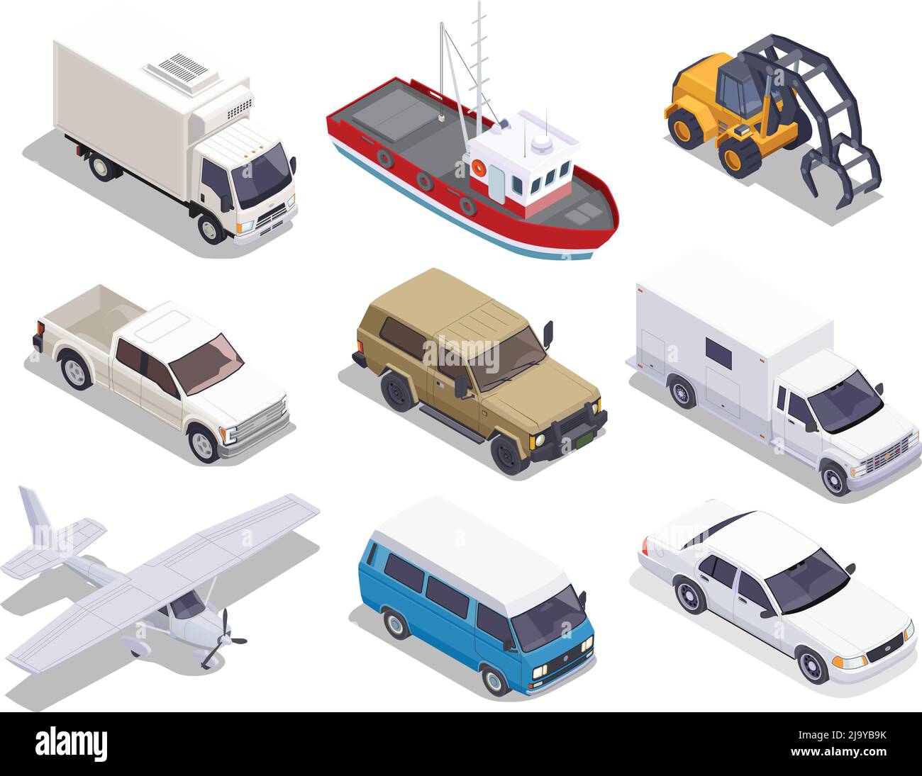 Transport set of isolated isometric icons of cars trucks airplane and boat images on blank background vector illustation Stock Vector
