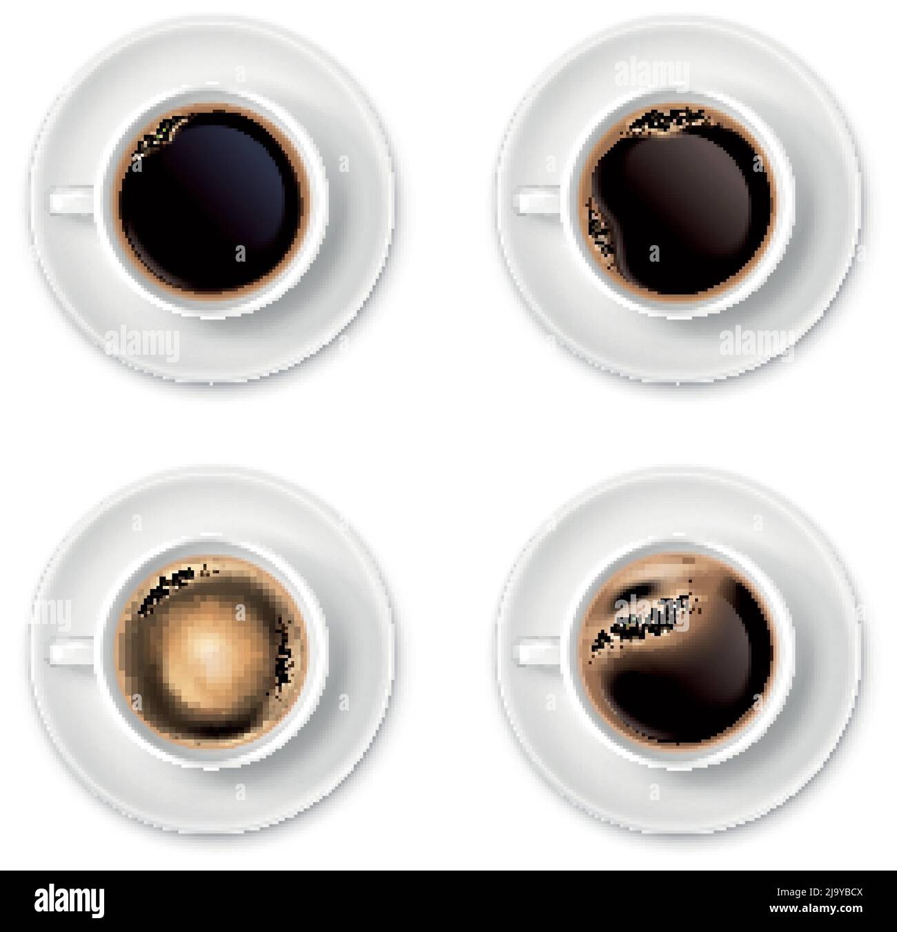Black coffee with foam in white cups top view realistic set isolated vector illustration Stock Vector