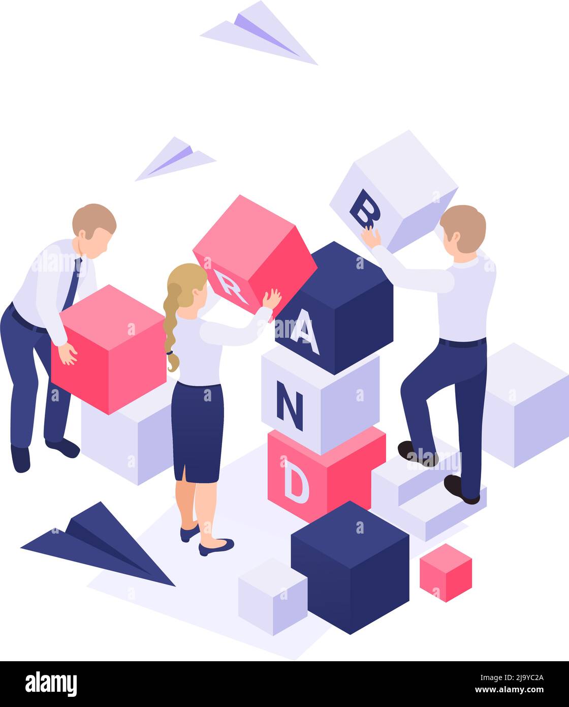 Brand building isometric concept with characters and colorful blocks 3d vector illustration Stock Vector