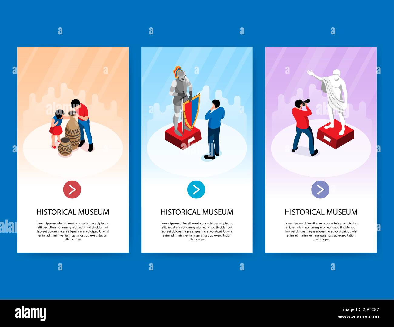 Set of three isometric historical museum vertical banners with next ...
