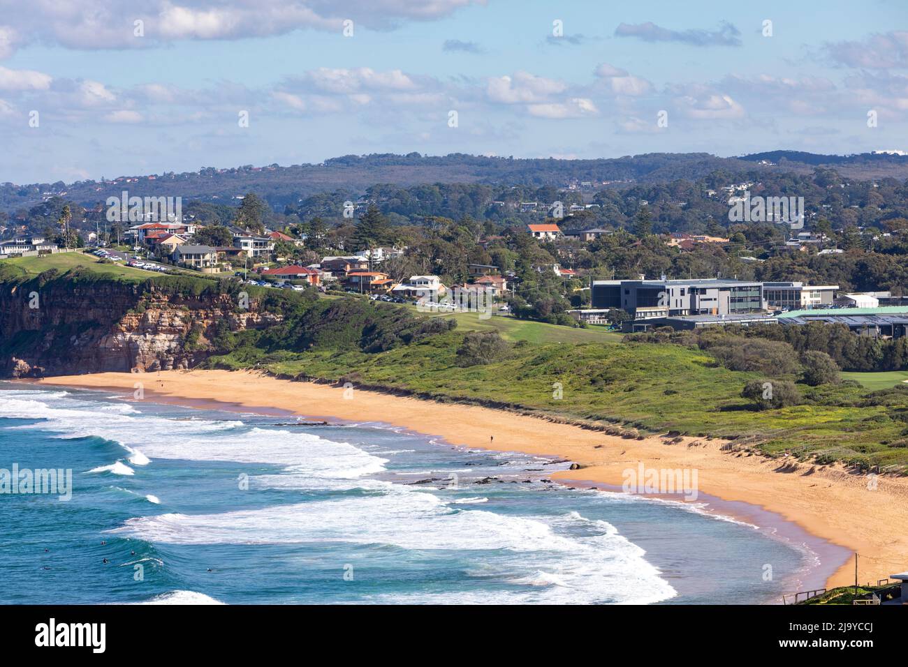 Mona Vale beach and coastline with Mona Vale hospital in shot,Sydney