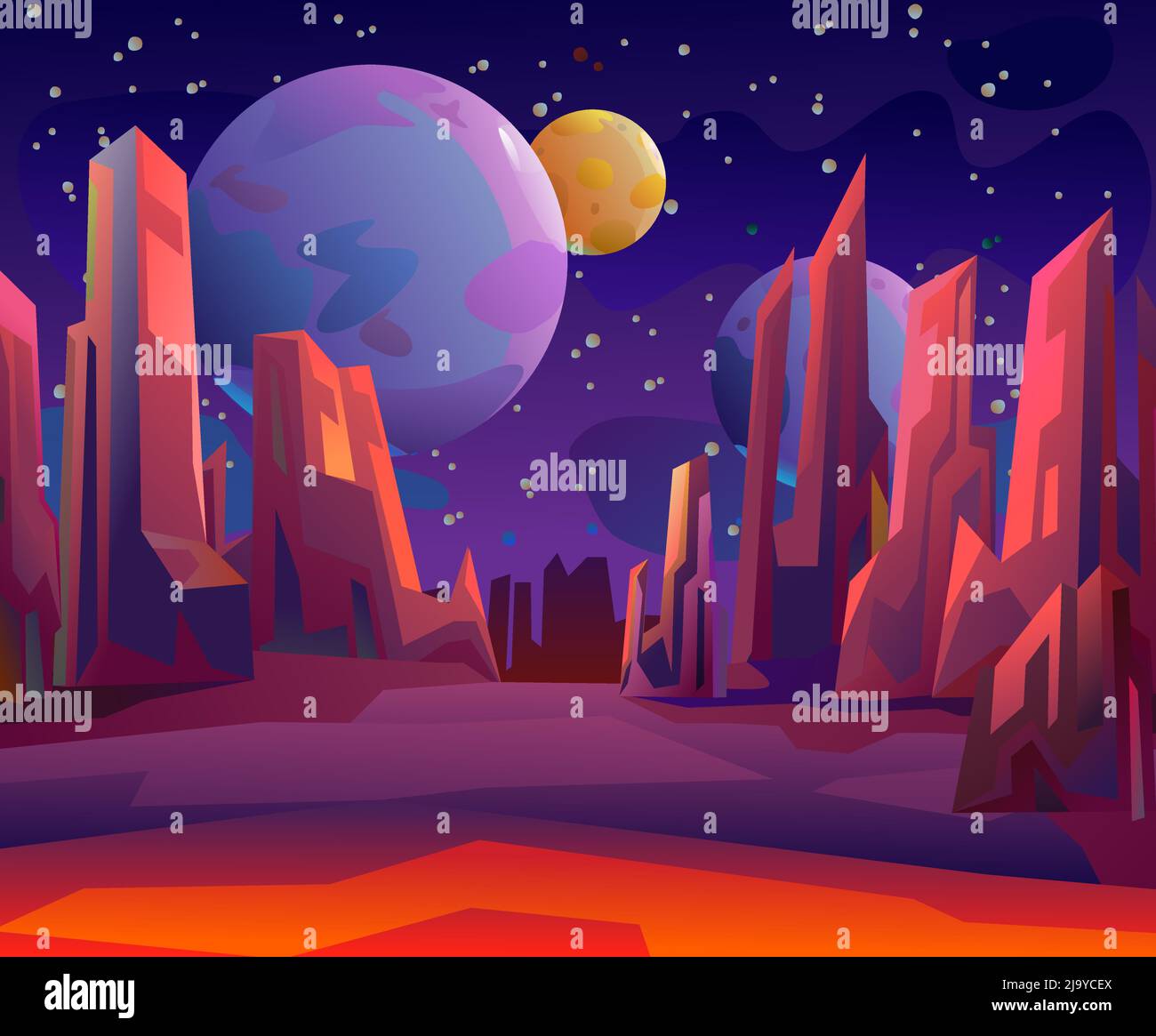 Rocky fantasy landscape. Satellite planets in space. Starry night sky. Beautiful stone scenery. Cartoon flat style design. Vector. Stock Vector
