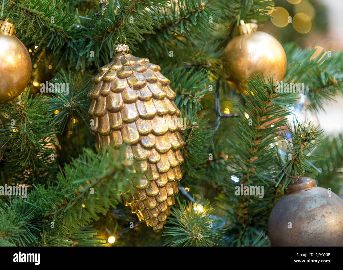 Christmas decorations on the branches of fir tree Stock Photo Alamy
