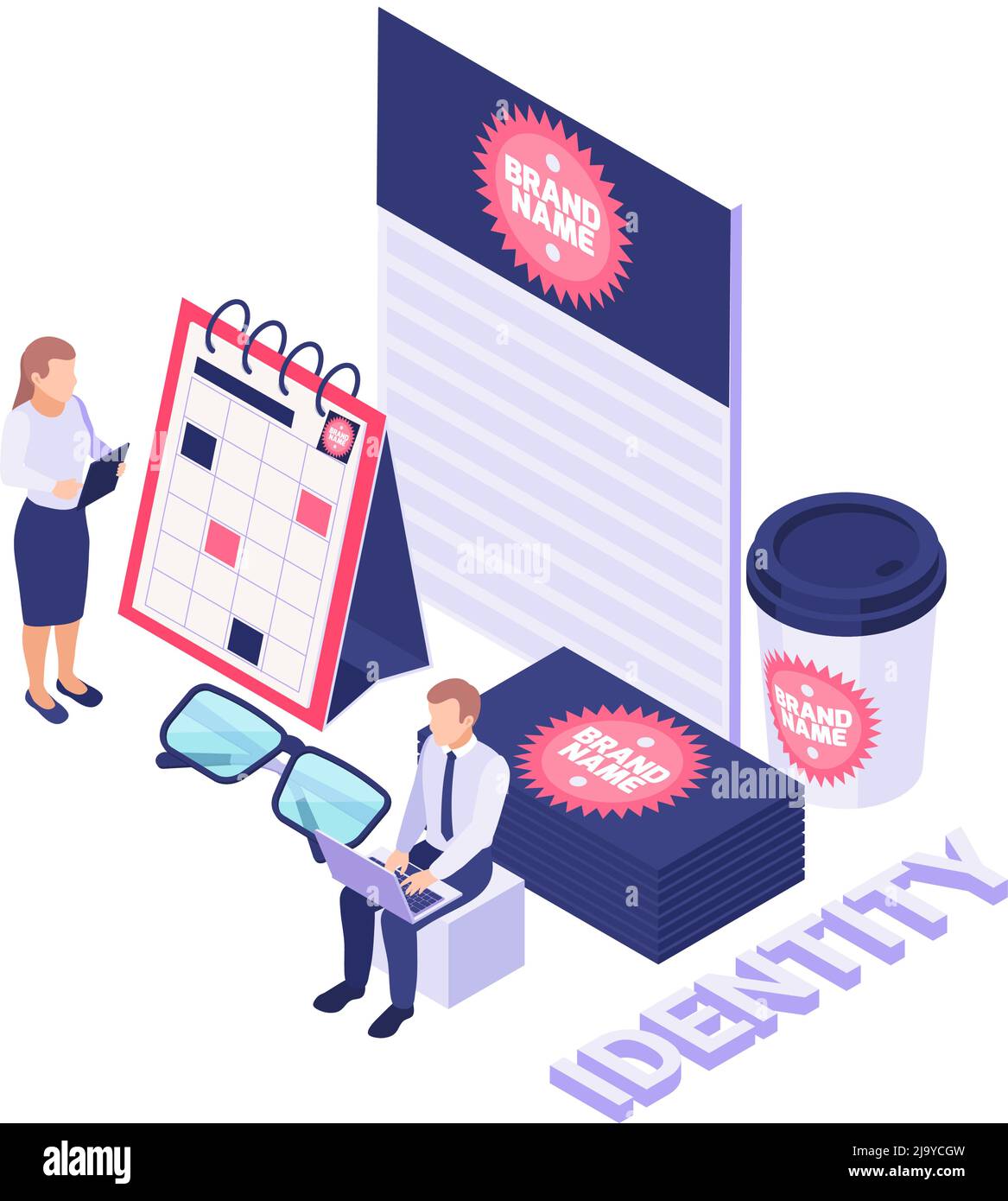 Brand name creating identity isometric icon with various 3d objects on white background vector illustration Stock Vector