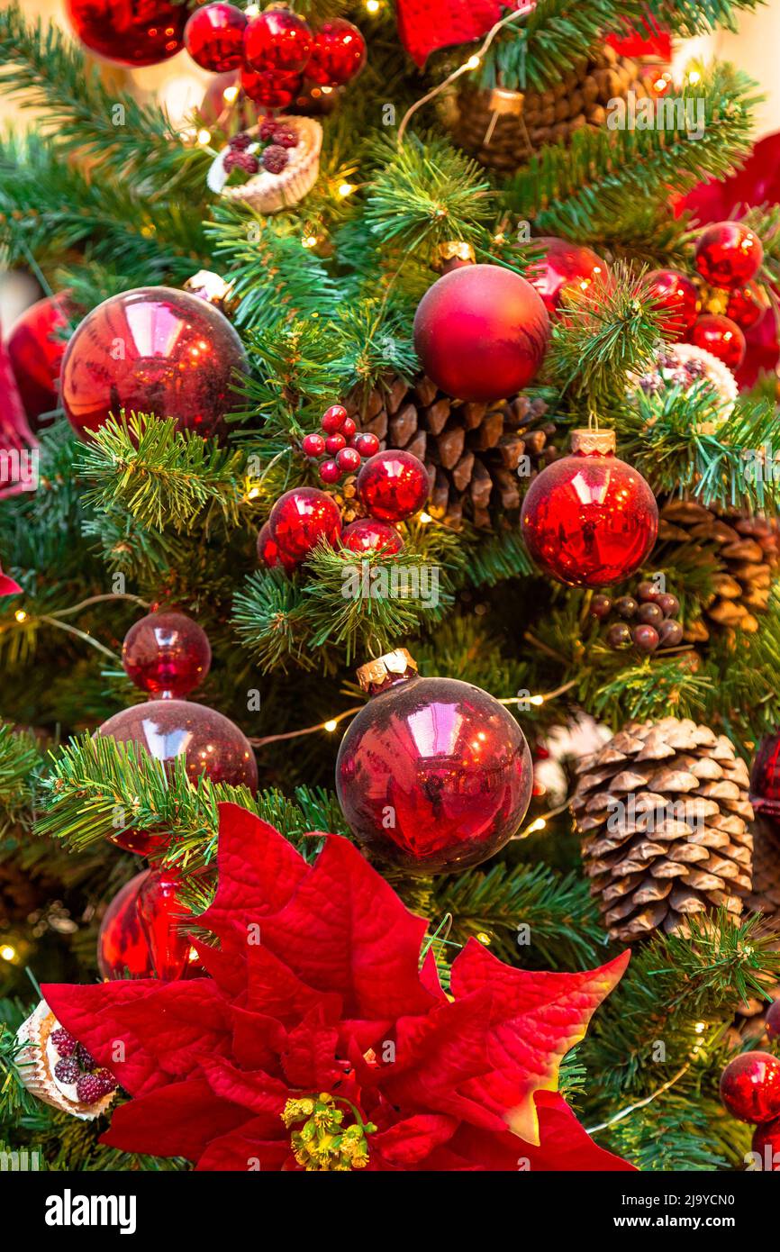 Christmas decorations on the branches of fir tree Stock Photo Alamy