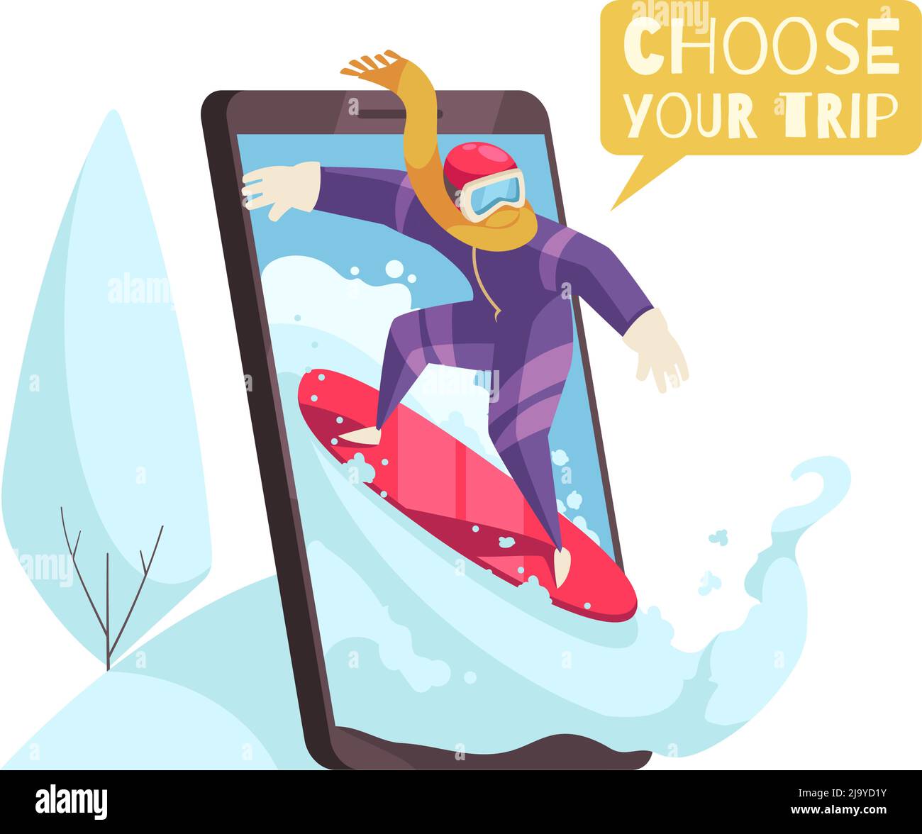 Travel booking composition with smartphone and man on snowboard vector illustration Stock Vector