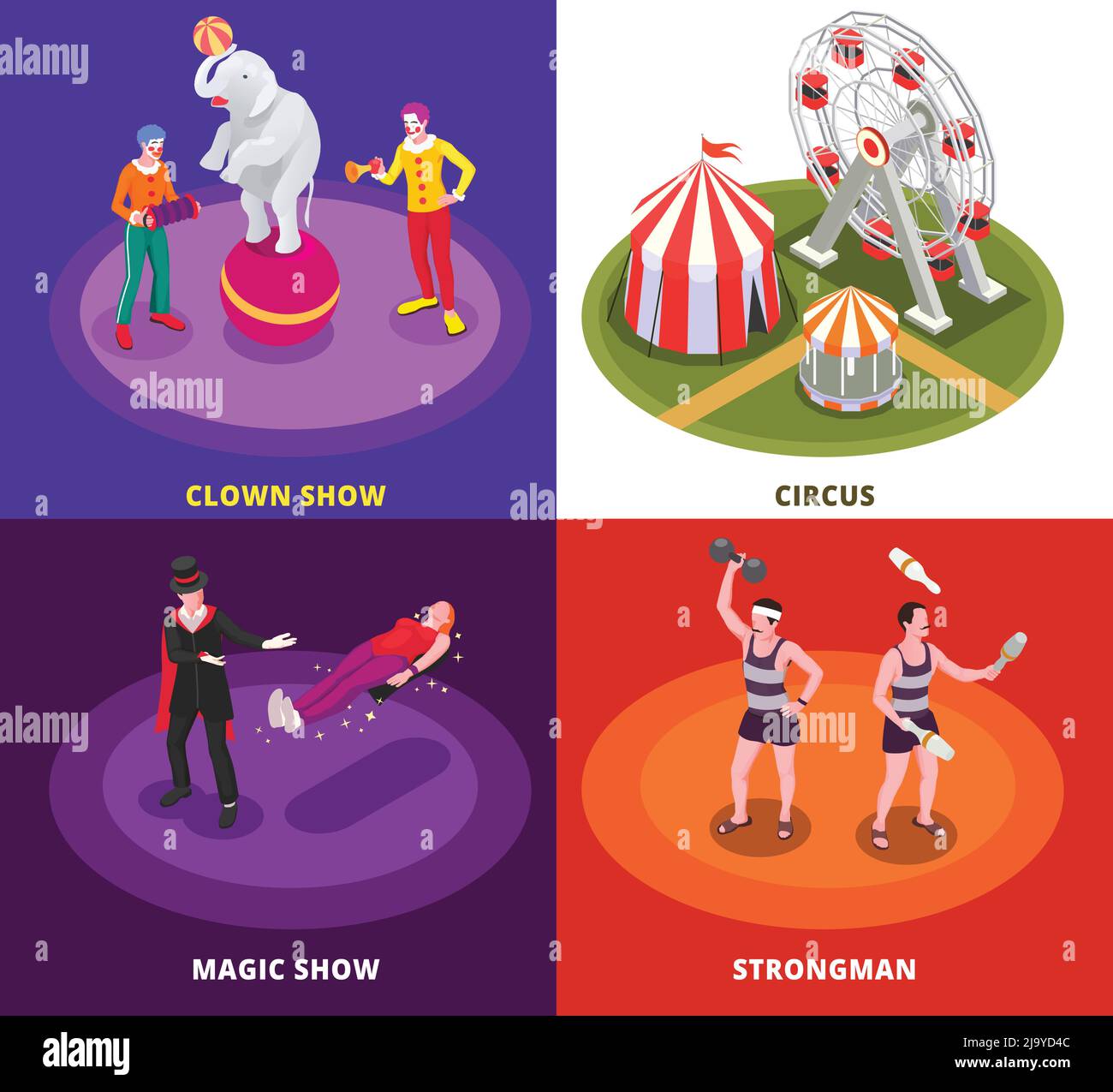 Circus concept isometric icons set with magic show symbols isolated ...