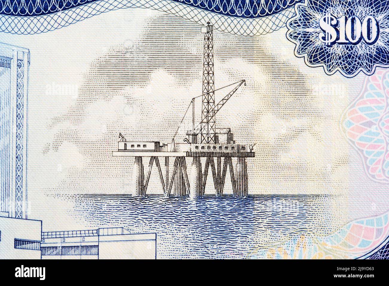 Offshore oil platform from money of Trinidad and Tobago - Dollar Stock Photo