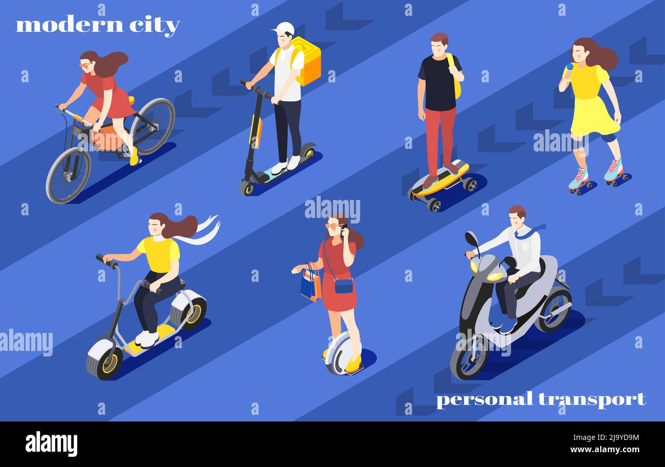 Men and women riding bike unicycle scooter roller skates skateboard