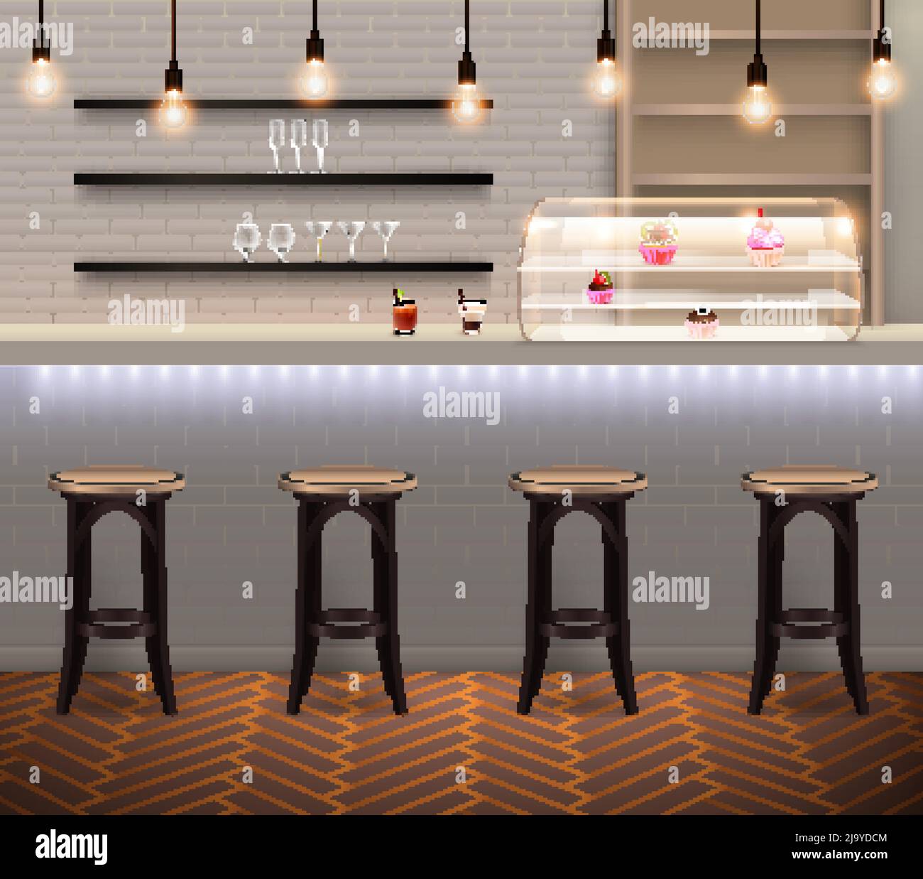 Coffee shop modern trendy interior with bar stools and counter with