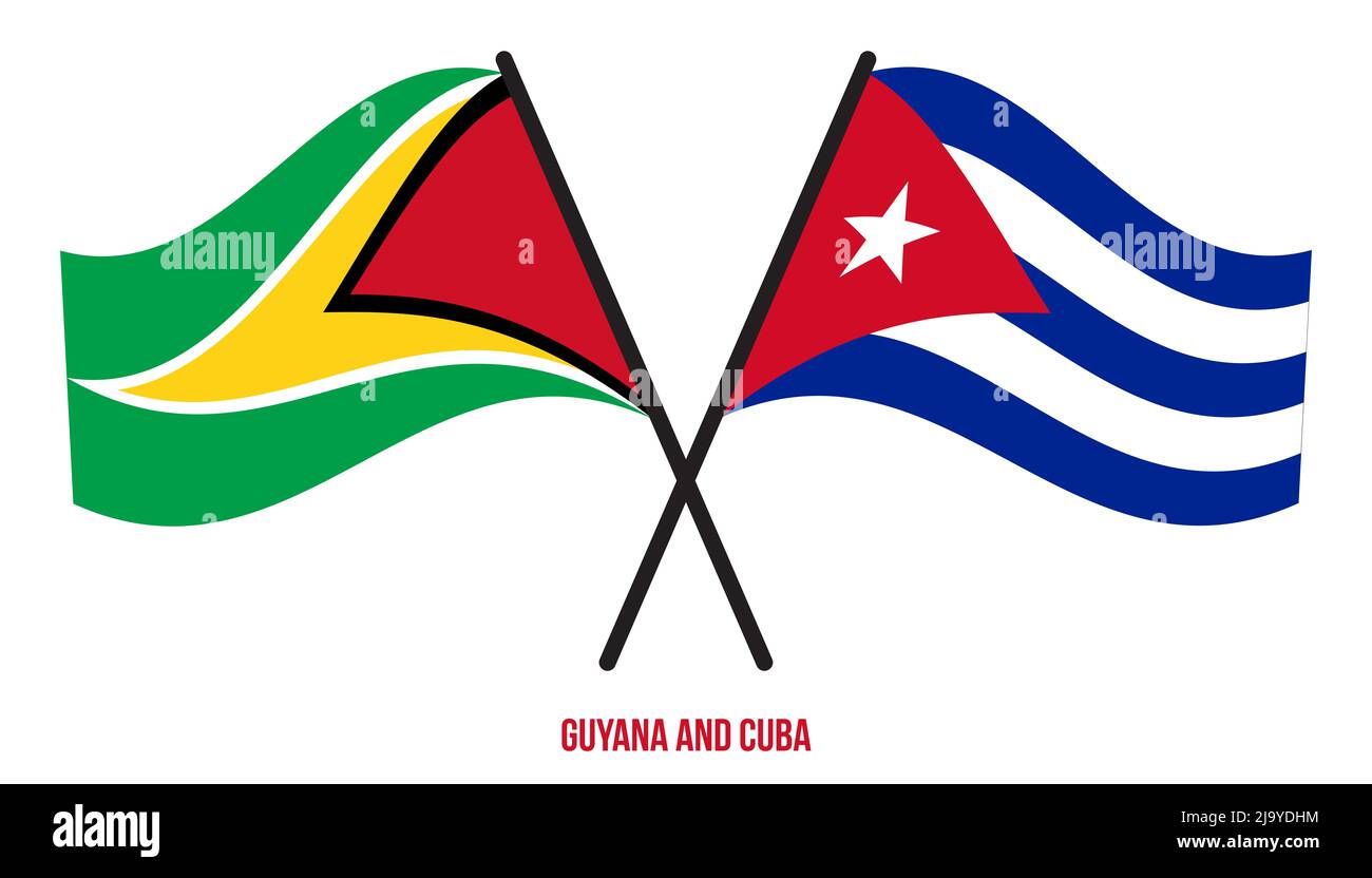 Guyana and Cuba Flags Crossed And Waving Flat Style. Official