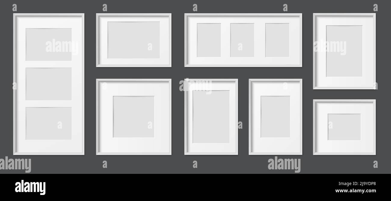 White wooden and plastic rectangular realistic picture frames various sizes mockup set black