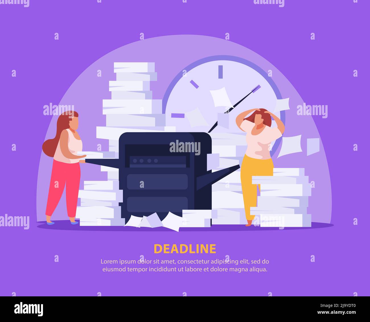 Two tired women working with papers before dead line flat background vector illustration Stock Vector