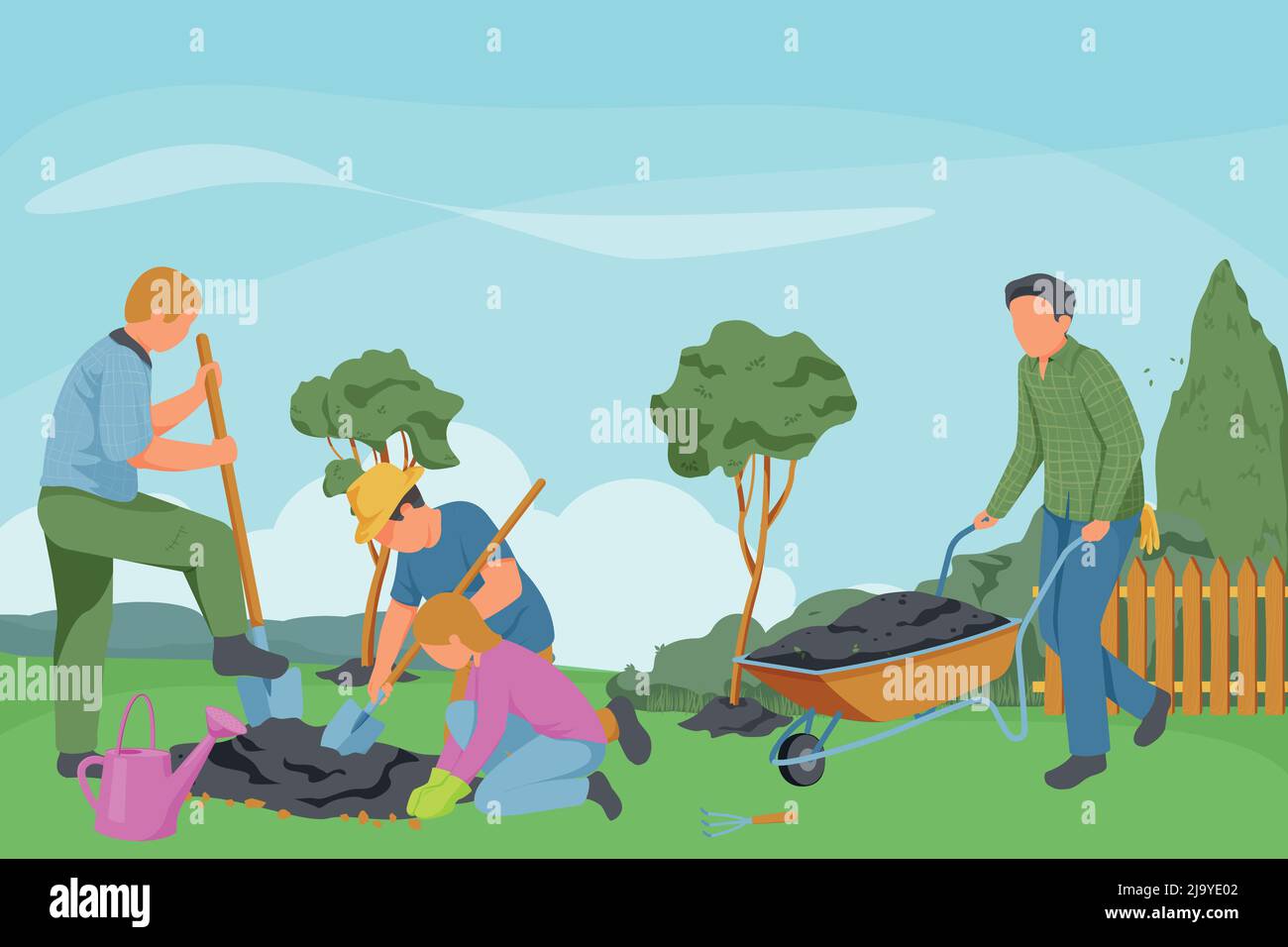 Spring gardening flat composition with faceless characters of gardeners with digging instruments and outdoor garden landscape vector illustration Stock Vector